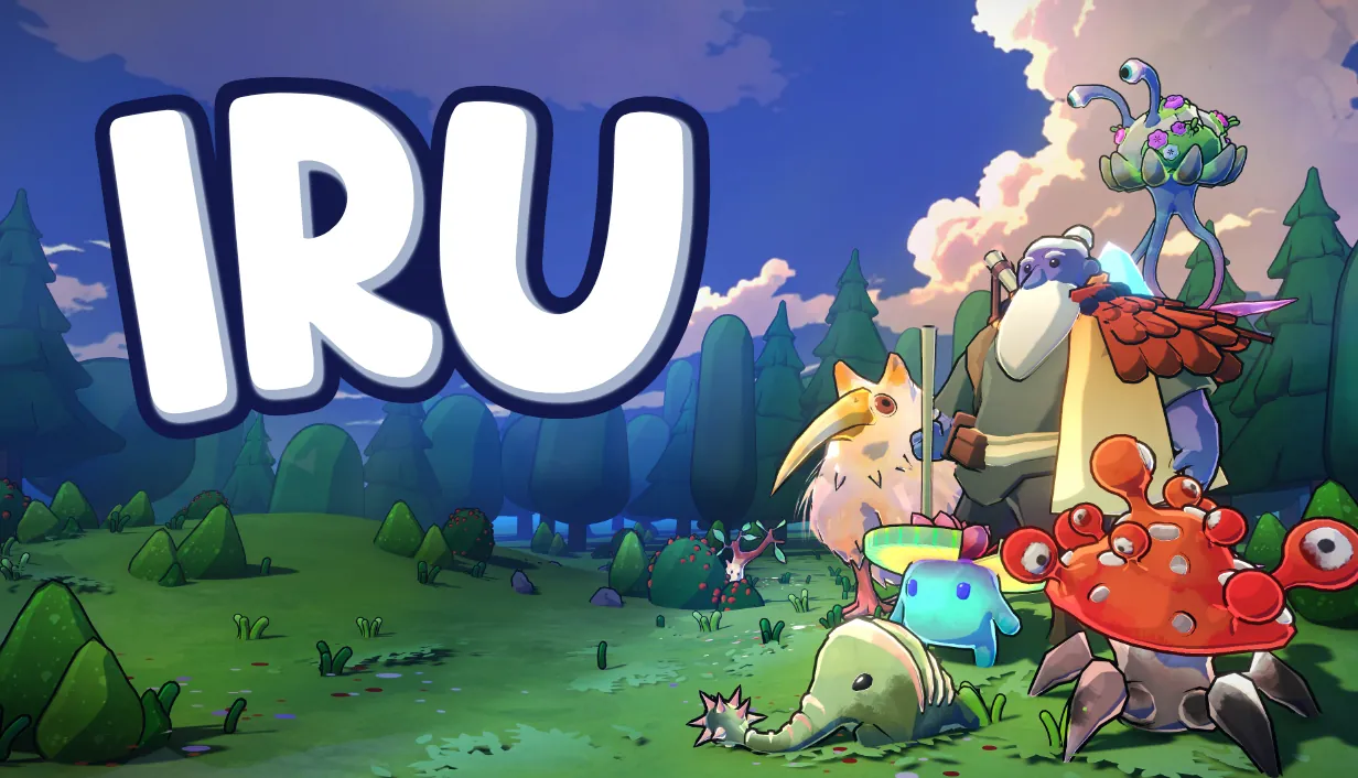 Key art from IRU — a cloaked wanderer and a group of curious creatures in a twilight forest